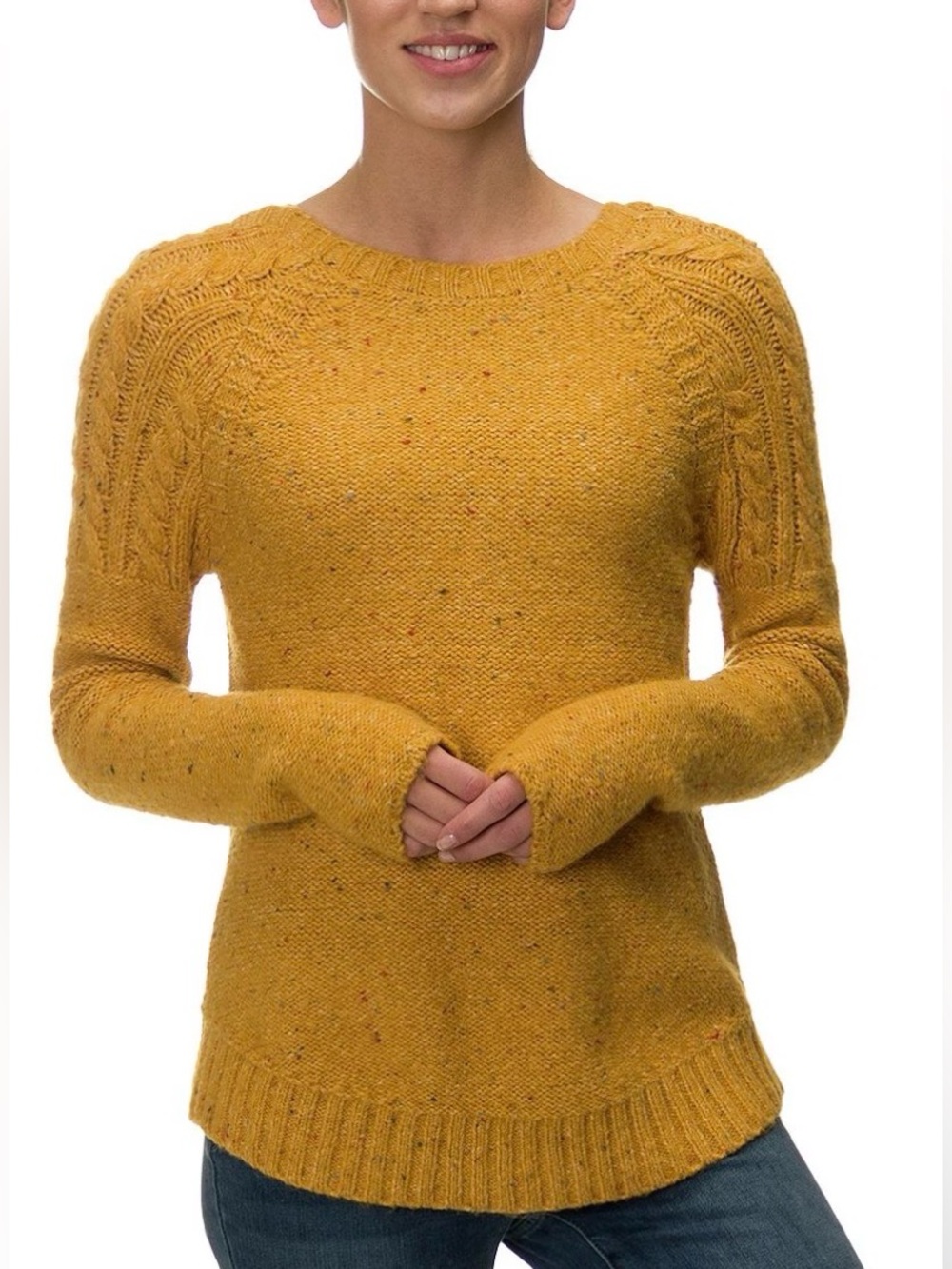 PRANA Pia Sweater Women's Sz M Curry  Cable-Detail Crew Wool Blend Outdoor